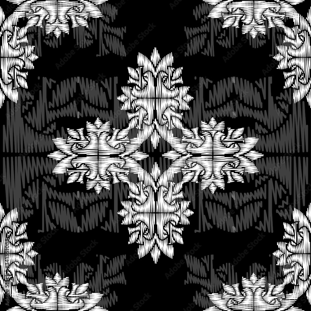 Decorative floral monohrome seamless pattern in ornamental style. Vector damask illustration for any design Decorative floral monohrome seamless pattern in ornamental style. Vector damask illustration for any design