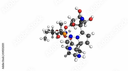 Remdesivir is a candidate COVID-19 drug, originally developed as a treatment for ebola. Ball and stick model.