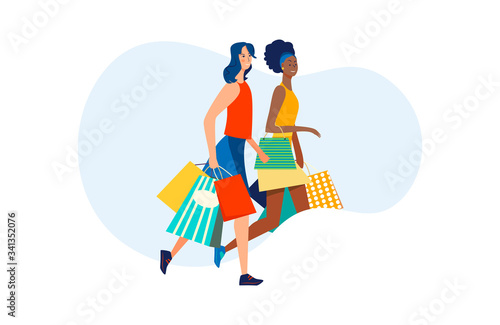 Positive female friends walking with shopping bags. Multiracial women, shoppers, customers flat vector illustration. Offline stores, friendship concept for banner, website design or landing web page