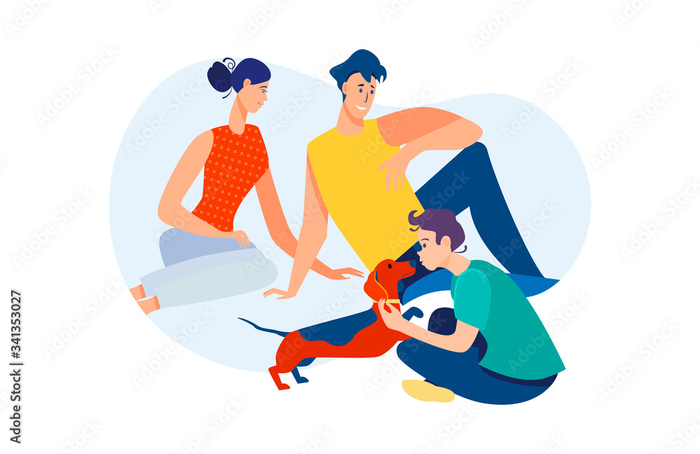 Happy family with pet enjoying leisure time together. Couple of parents, teen boy, dog flat vector illustration. Family, lifestyle, togetherness concept for banner, website design or landing web page