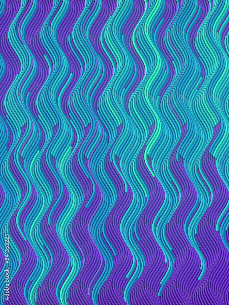 Line art digital pattern. Colored wave bend vertical lines background 3d render