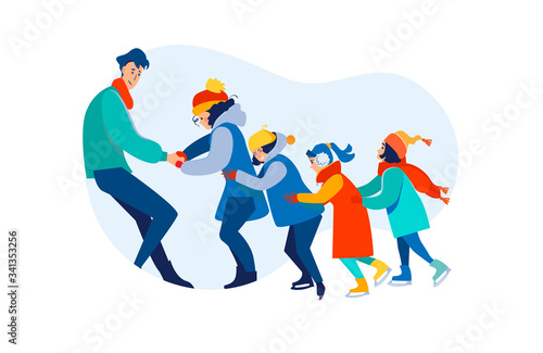 Man training children to skate on ice. Group of kids, skating school, trainer flat vector illustration. Vacation, holiday, lifestyle, activity concept for banner, website design or landing web page