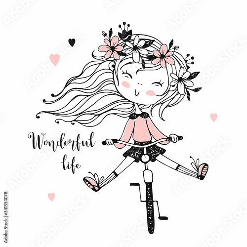 A little girl rides a Bicycle. Vector illustration.