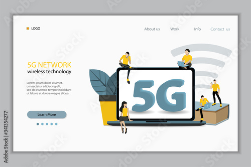 5G network technology concept. Internet systems telecommunication service. People using High speed wireless connection 5G via laptop and smartphone. Flat vector illustration.