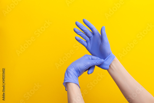 Step-by-step instructions on how to remove dirty gloves, doctor take off from hand glove photo