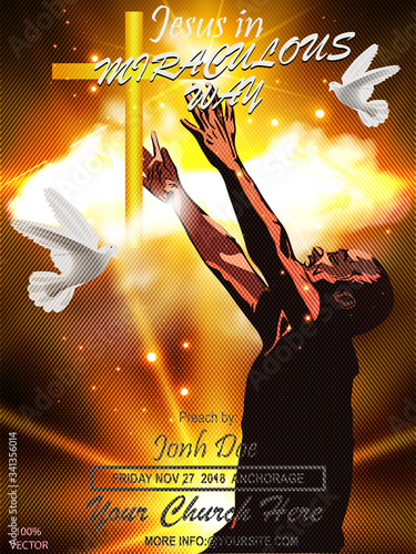 Christian poster template invitation. Religious flyer card for the Church service event. Black man or afro american is praying. Modern illustration with a cross, clouds, dove, afro american. EPS 10