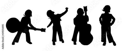 Set of black children silhouettes playing guitare, dancing and posing.