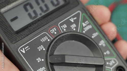Electronic multimeter tool power on. Ready for voltage measuring. Close up