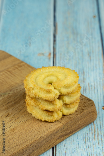 Premium butter cookies isolated on white background with copy space. Shallow depth of field.