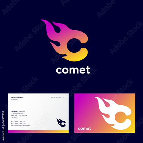 Comet logo. Astronomical object icon. Letter C like hot comet. Internet, games, marketing, delivery icon. Business card.