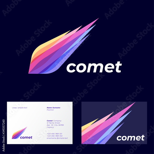 Comet logo. Astronomical object icon. Colorful icon consist of transparent different color elements.  Business card.