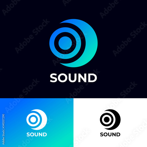 The sound logo. Musical acoustics logo. Green-blue emblem on different backgrounds.
