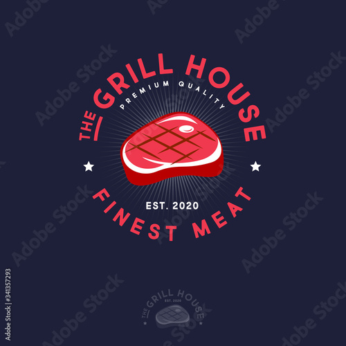 Grill house logo. Logo of butchery shop or restaurant. Tasty steak with rays and letters in a circle. Finest meat every day.