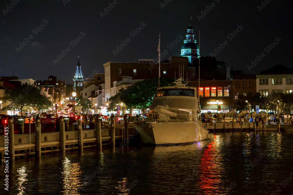 The harbor of Annapolis at night. The city is the capital of Maryland.