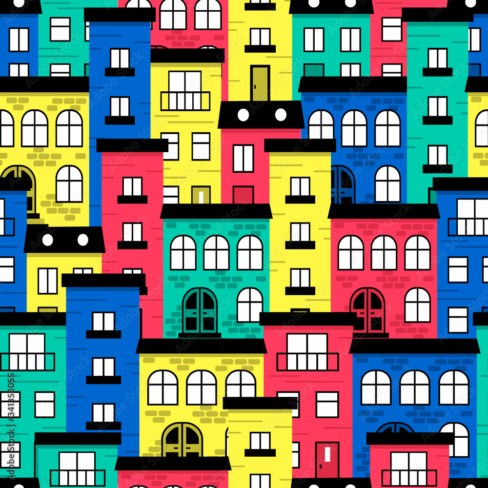 Seamless vector pattern with colorful houses. Trendy modern texture for fabric, wallpaper, textile, apparel. 