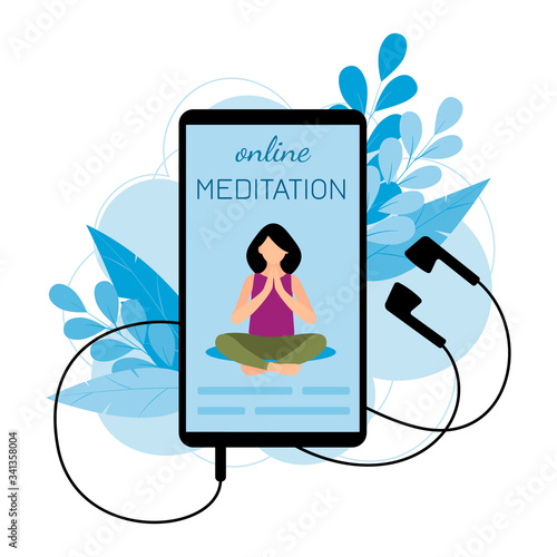 Online yoga concept with mobile and earphones. Screen with girl in yoga lotus practices meditation. Vector illustration in flat style. 