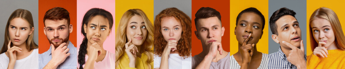 Collage with puzzled multicultural people on color background, panorama