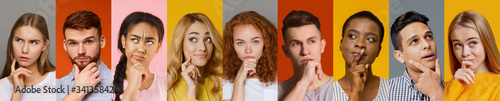 Collage with puzzled multicultural people on color background, panorama