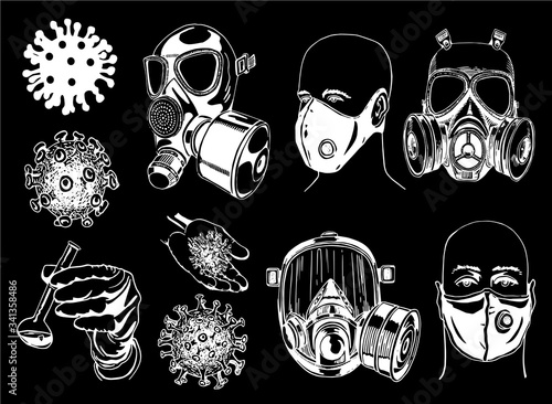 Graphical set of virus elements isolated on black background, vector engraved  illustration