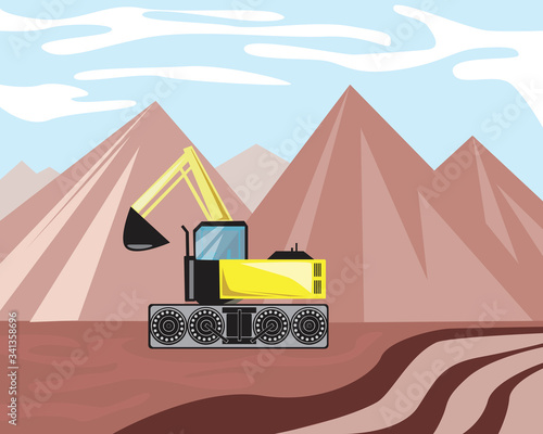 An excavator works in a quarry as a concept of extraction of resources from the bowels of the earth, flat stock vector illustration with a bulldozer or a tractor on tracks with a bucket