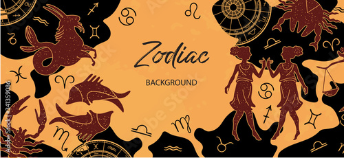 Zodiac background. Astrological horoscope. Horizontal banner with the zodiac signs.