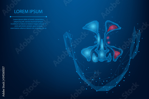 Abstract mesh line and point Sinusitis. Low poly Healthy and inflammation nasal sinus. Polygonal vector illustration