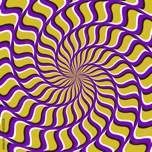 Optical motion illusion vector background. Yellow purple spiral pattern move around the center.