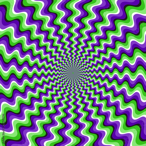 Optical motion illusion vector background. Green purple wavy striped pattern move around the center.