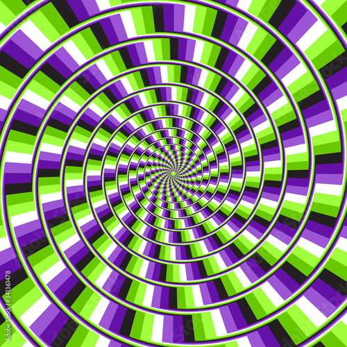 Optical motion illusion vector background. Purple green glitch stripes move around the center.