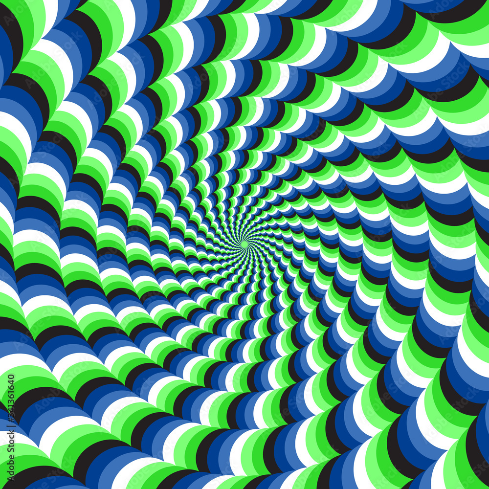 Optical motion illusion vector background. Blue green wavy spiral stripes  move around the center. Stock Vector