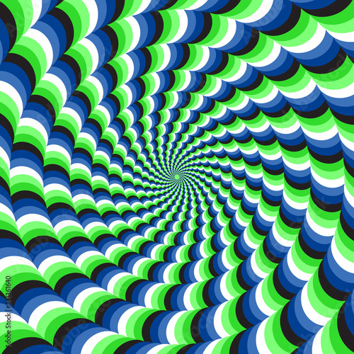 Optical motion illusion vector background. Blue green wavy spiral stripes move around the center.