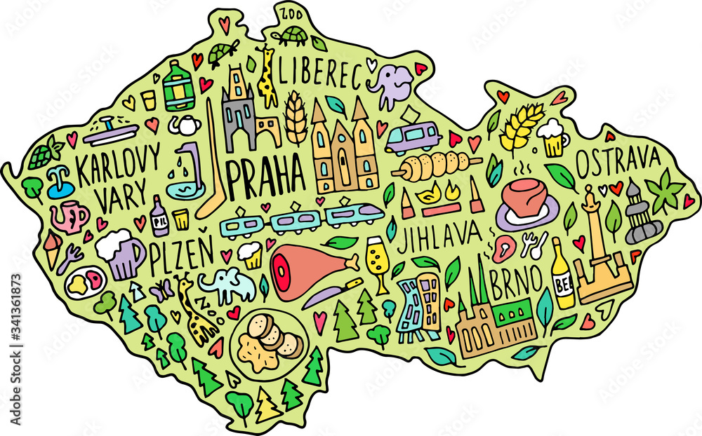 Travel Map Czech Republic Colored Funny Hand Drawn Doodle Czech Republic Map. Czech City Names  Lettering And Cartoon Landmarks, Tourist Attractions Cliparts. Travel, Trip  Comic Infographic Poster, Banner Concept Design. Stock Vector | Adobe Stock