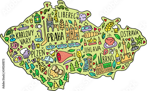 Colored funny Hand drawn doodle Czech Republic map. Czech city names lettering and cartoon landmarks, tourist attractions cliparts. travel, trip comic infographic poster, banner concept design.