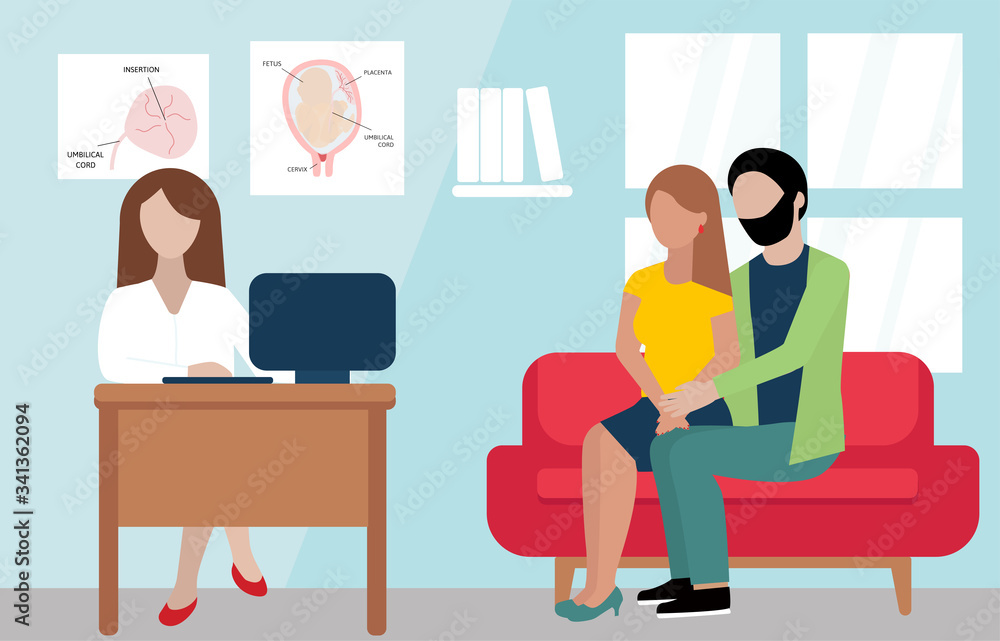 a young couple come to doctor. Wife and husband are sitting on the red sofa in therapist s cabinet. Doctor with brown hair is typing on the computer. a young couple come to doctor. Wife and husband are sitting on the red sofa in therapist s cabinet. Doctor with brown hair is typing on the computer.