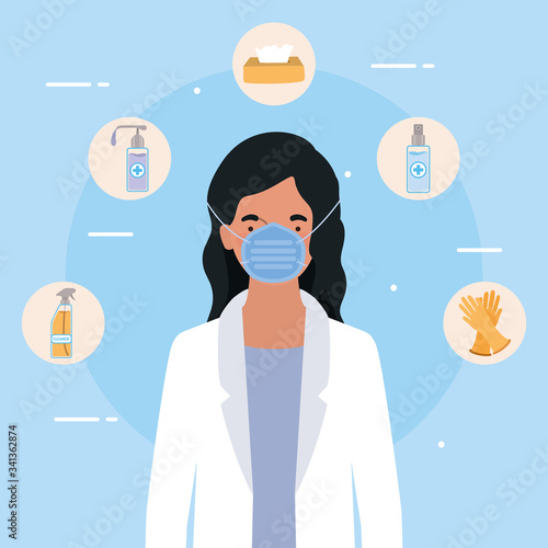 Woman doctor with mask and hygiene products against 2019 ncov virus vector design