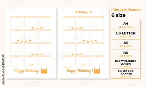 Minimalist Birthday planner pages templates vector paper A4, US Letter, A5, B5, Happy Planner Classic, Sweet Life Planner Ai, EPS 10 and PDF File
