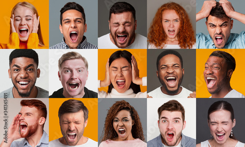 Expressing anger. Collage with diverse people screaming, showing negative emotions, color baclground