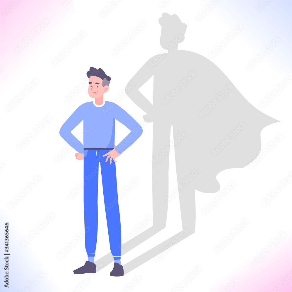 Self confidence concept. Young man standing and superhero shadow behind him. Leadership, ambition, success, motivation and encouragement metaphor, vector illustration Self confidence concept. Young man standing and superhero shadow behind him. Leadership, ambition, success, motivation and encouragement metaphor, vector illustration