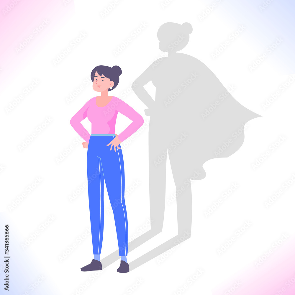 Self confidence concept. Young woman standing and superhero shadow behind her. Leadership, ambition, success, motivation and encouragement metaphor, vector illustration Self confidence concept. Young woman standing and superhero shadow behind her. Leadership, ambition, success, motivation and encouragement metaphor, vector illustration
