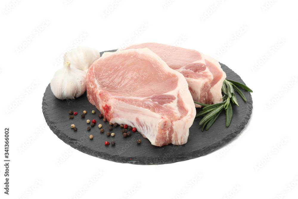 Raw meat for steak and ingredients isolated on white background Raw meat for steak and ingredients isolated on white background