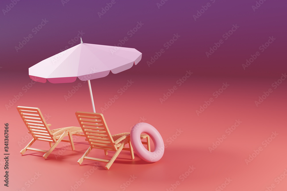 Beach umbrella with chairs and Inflatable Swimming Ring Pool on pastel gradient pink and purple background. summer vacation concept. 3d rendering