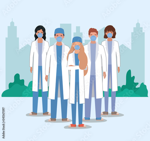Men and women doctors with masks against 2019 ncov virus vector design