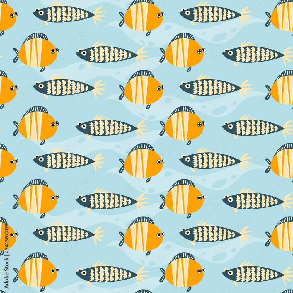 Seamless pattern with flat cartoon fish. Set of two fishes and waves. Vector illustration Seamless pattern with flat cartoon fish. Set of two fishes and waves. Vector illustration
