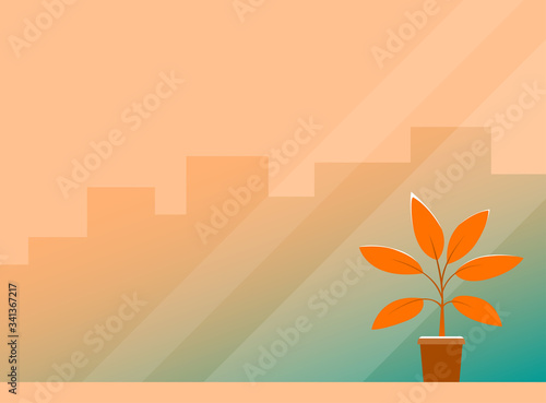 Window with potted plant and city view. Pleasant calm background. Vector illustration with place for text.
