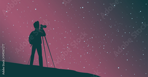 A man tourist photographs the starry sky. Silhouette on a night background. Vector illustration.