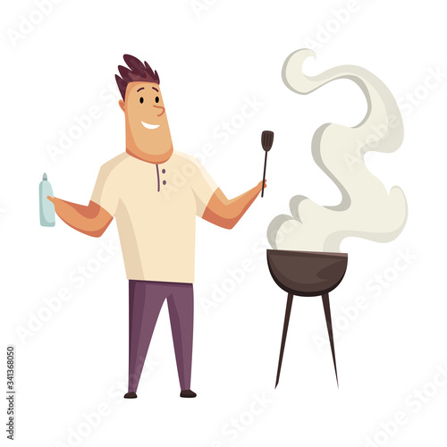 BBQ party. Man with a barbecue grill. Picnic with fresh food steak and sausages. Happy smiling man character cooking a barbecue grill. Vector flat cartoon illustration