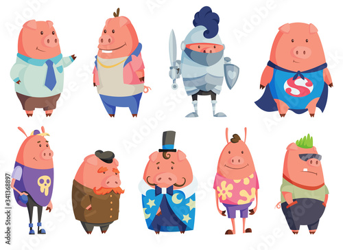 Set of happy cartoon pigs in different images. Illustration for funny kids game. T-shirt vector logos design