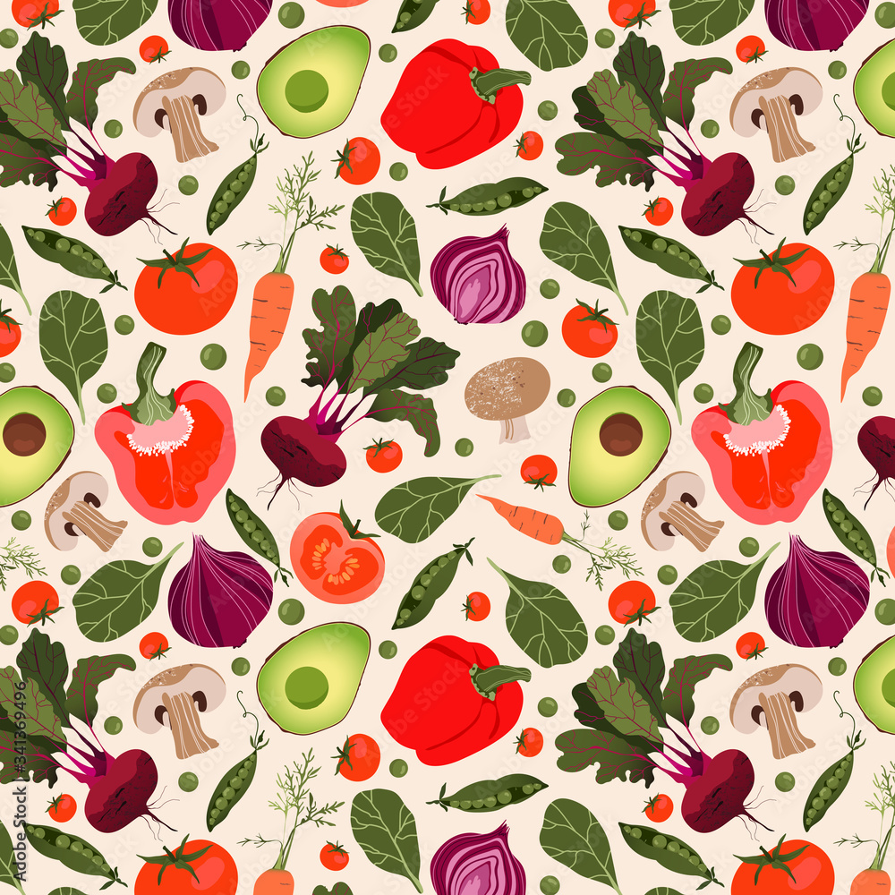Modern seamless vegetable pattern. The hand-drawn vector pattern design. Variety of fresh vegetables on a beige background. Healthy eating and diet concept. Modern seamless vegetable pattern. The hand-drawn vector pattern design. Variety of fresh vegetables on a beige background. Healthy eating and diet concept.