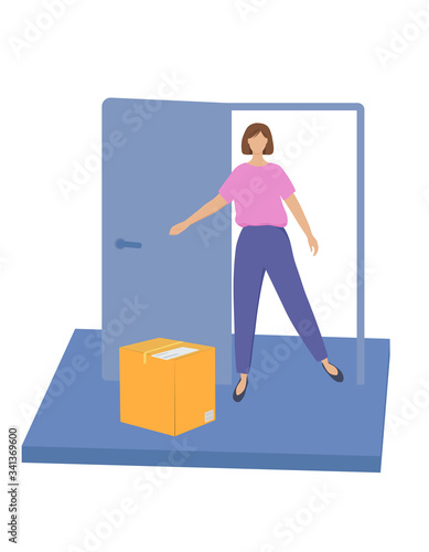 Concept of contactless delivery to a person. The woman opens the door, there is a box. Simple flat design, vector illustration.