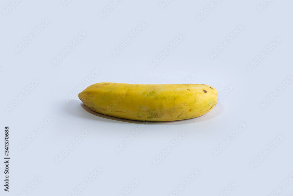 Banana is a food that has a yellow skin with white flesh. People or animals like to eat.